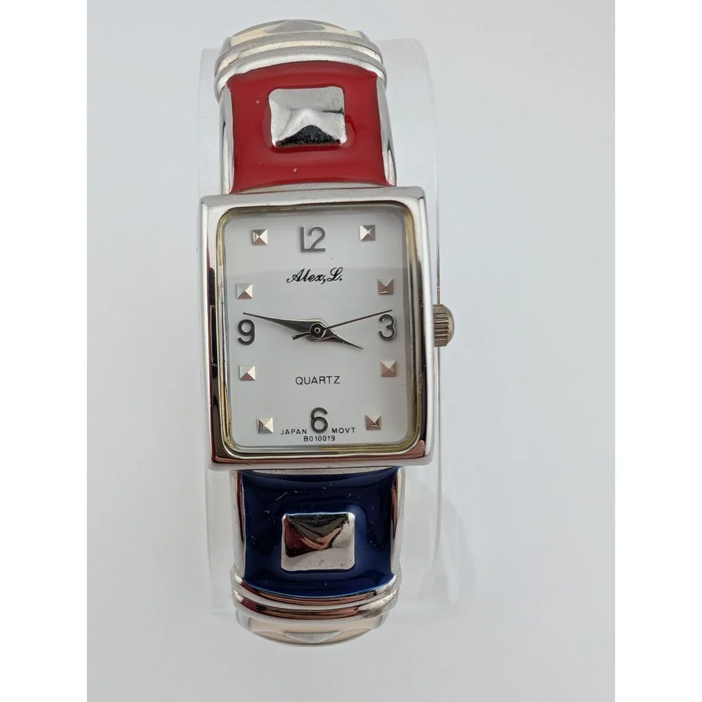 Alex L Watch Women 19mm Case Red White And Blue‎ Enamel Bangle- New Battery